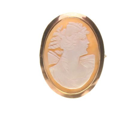 A shell cameo brooch
Depicting the side profile of a lady, to a 9ct rose-gold mount with rope twist detail, safety chain, len