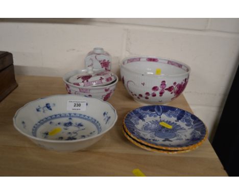 A blue and white transfer printed bowl; together with two small Delft dishes; a 19th Century china tea caddy etc. 