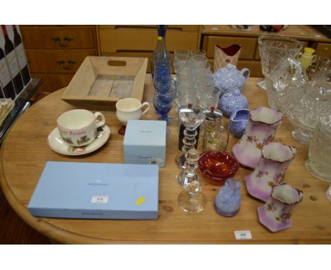 A wooden tray together with a quantity of various decorative glass and china; a blue glass decanter and a set of six drinking