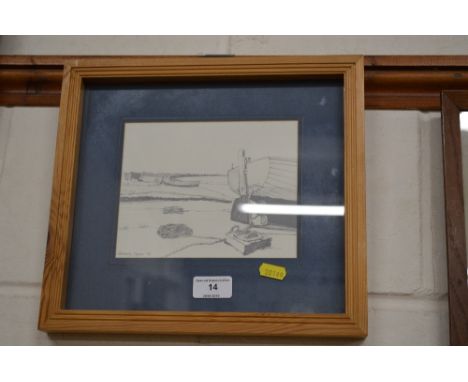 Richard Taylor, pencil signed sketch depicting boats at Dunwich 