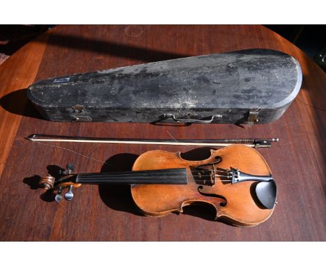 19th century German violin and bow with mother of pearl frog, internal label stamped Josef Klotz Mittenwalde 1795, length of 