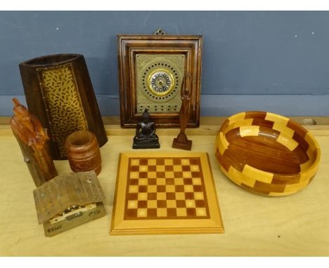 Treen bowl, chessboard, vase and clock etc&nbsp;