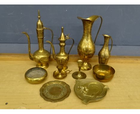Brass coffee pots, jugs, candle holders and ashtray etc&nbsp;