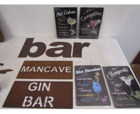 Rustic 'BAR' 'Gin Bar' 'Man Cave' steel signs and 4 repro tin cocktail signs&nbsp;