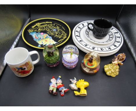 Disney lot- Mickey Mouse etching, plates and cup/saucer, snow globes, Wade Wade Noddy's (one has broken foot) and Charlie Bro