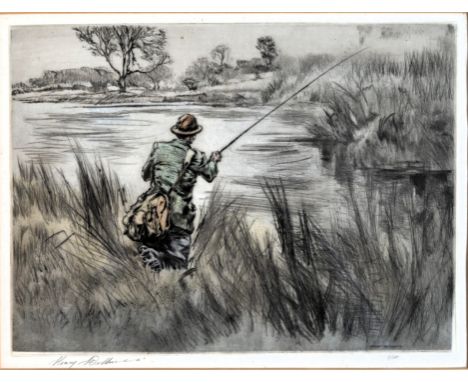 Henry Wilkinson: a signed in pencil limited edition etching, fly fishing river scene, No.2/150