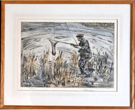 Henry Wilkinson: a signed limited edition coloured etching, Netting the catch, No.28/100
