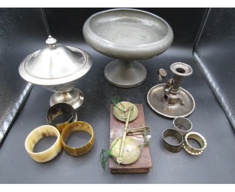 Collectors ot- Pewter lidded dish, Georgian scales, horn bangles, bon bon dish and chamber candle stick&nbsp;