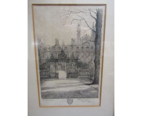 Clare College, Cambridge etching by M. Oliver Rae, pencil signed in margin 43x30cm