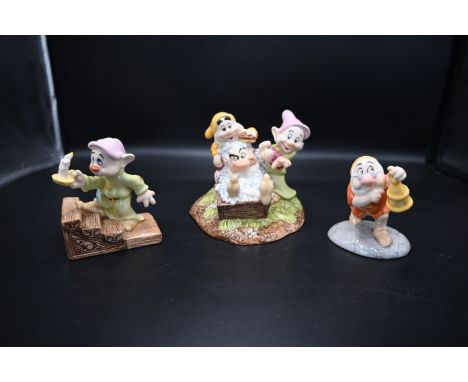 3 Royal Doulton Walt Disney Snow White and the Seven Dwarfs figurines to incl Grumpy's Bath Time SW20, Dopey by Candlelight S