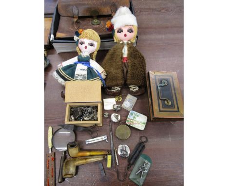 Collectors lot to inc compass, pipe, dolls, cat pill box, leather satchel etc etc&nbsp;