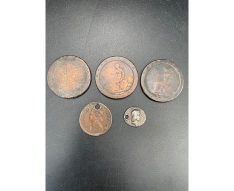 Five coins to include 3 cartwheel pennys (Two George III), one Queen Vivtoria coin and a Roman Republic c. Calpurnius L.f. Fr