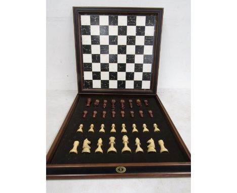World Chess Federation large board and fruit woods pieces, complete. Board size 48x48 cm King 9cmH