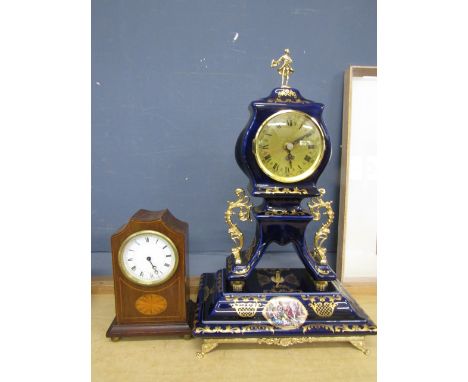 Edwardian mahogany inlaid 8 day clock and ceramic cobalt blue and gold clock&nbsp;