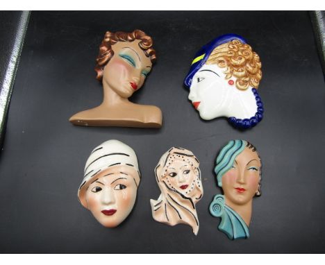 5 art deco style wall plaques, 2 by Crown Devon hand painted&nbsp; by Dorothy Ann (one has slight damage as pictured)&nbsp; l