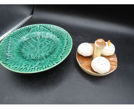 Carlton Ware mushroom cruet set and Majolica vine footed plate&nbsp;