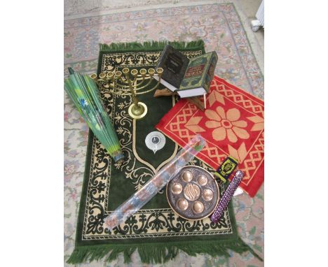 Turkish Prayer Mat with compass, Quran prayer books, Jewish candelabra and dish etc&nbsp;