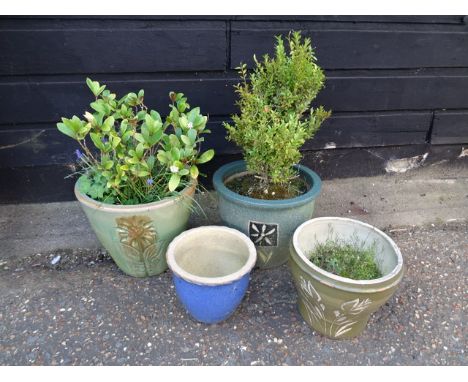 4 Ceramic garden pots with contents. Largest H34cm approx&nbsp;