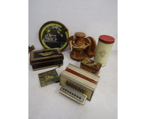 Vintage cash tin with key, German accordion, vintage tins, treen windmill letter holder and Tiffany style mirror&nbsp;