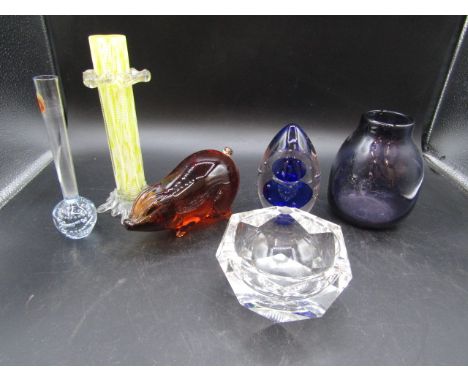 Hand blown signed vase (purple) Pig paperweight, Wedgwood paperweight, bud vases and heavy signed glass ashtray&nbsp;