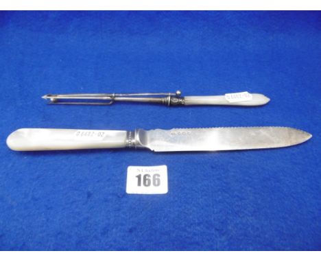 A VICTORIAN MOTHER OF PEARL HANDLED SILVER PICKLE FORK AND CAKE KNIFE
