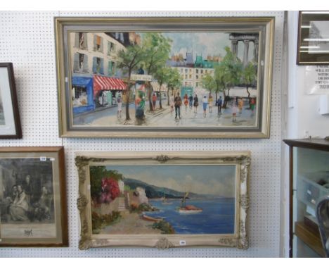 TWO FRAMED OIL CANVAS, STREET AND SEASCAPE