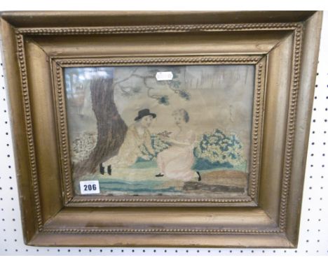 A 19TH CENTURY GILT FRAMED TAPESTRY ON SILK A/F AND THREE GILT FRAMED MINIATURES ON BOARD ROMANTIC LANDSCAPES