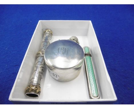AN ASPREY AND CO SILVER PATCH BOX, AN ITEM OF SAMPSON AND MORDON SILVER AND AN ENAMELED SILVER TOOTHPICK HOLDER A/F