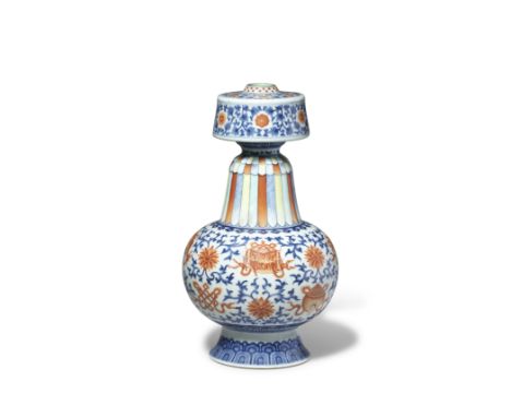 A RARE POLYCHROME ENAMELLED AND UNDERGLAZE-BLUE 'EIGHT BUDDHIST EMBLEMS' TIBETAN-STYLE RITUAL VASE, BENBAPINGQianlong seal ma