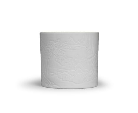 A RARE WHITE-GLAZED CARVED 'LANDSCAPE' BRUSHPOT, BITONGJiajing six-character mark, KangxiOf cylindrical shape, the exterior c