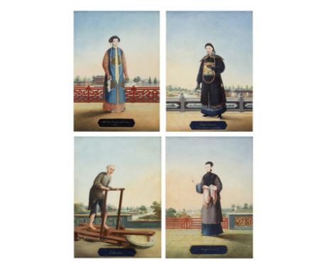 CHINESE ARTIST (CIRCA 1800)A set of Four Chinese FiguresOil on copper alloy, each with painted inscription in Spanish on a ca