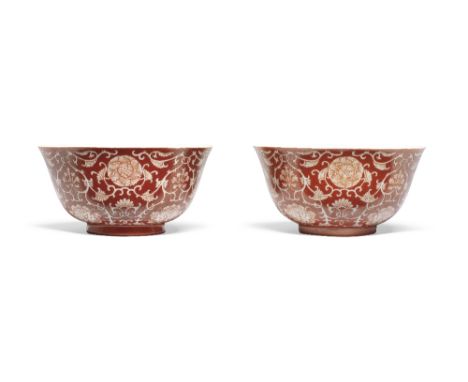 A PAIR OF CORAL-GROUND 'FLORAL' BOWLSDaoguang seal marks and of the periodEach with deep rounded sides rising from a short fo