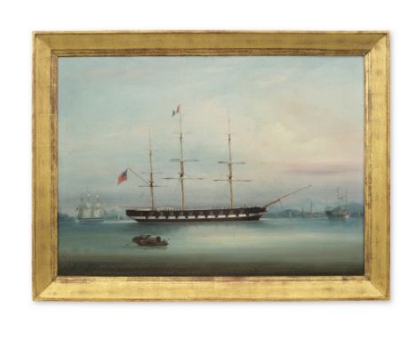NAMCHEONG (ACTIVE 1840-1870)The Ship 'Shand' off Whampoa IslandOil on canvas, signed and inscribed 'Namcheong Painter' and 'S
