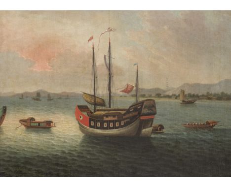 CHINESE ARTIST (CIRCA 1831)A Junk at Anchor in the Pearl RiverOil on panel, verso with oil painting of a ship and a lighthous