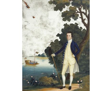 SPOILUM (ACTIVE 1774-1805)Portrait of a Western Man in a Chinese LandscapeOil and silver on reverse of glass, framed. 61cm (2