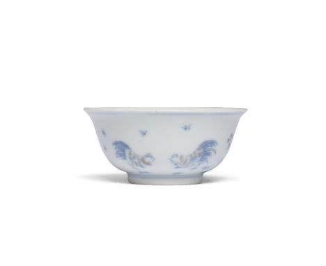 A BLUE AND WHITE AND COPPER-RED 'CHICKEN' CUPChenghua six-character mark, KangxiThinly potted with deep rounded sides rising 