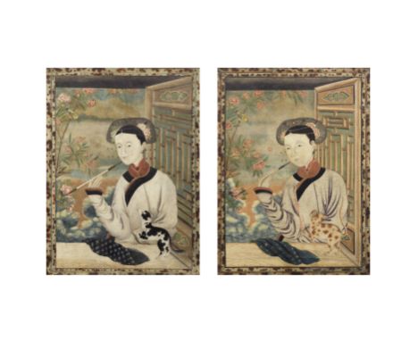 CHINESE ARTIST (LATE 18TH CENTURY)A pair of paintings of Chinese ladies with a petGouache on paper, framed. Each 80cm (31 1/2
