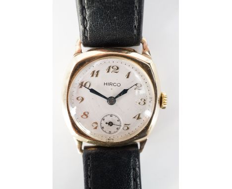 A 1940s Hirco 9ct gold wrist watch, having a manual-wind 15-jewel movement and frosted silver face with blued-steel hands, gi