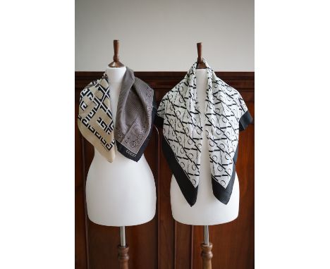 Three vintage monochrome designer silk squares / scarves by Calvin Klein, Givenchy and Gucci, 85 x 85 cm and approximately 45