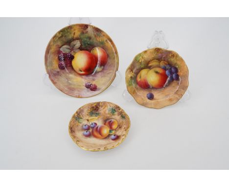 Three Royal Worcester hand-painted fruit study small dishes / bowls, largest 14.5 cm