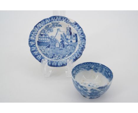 An early 19th Century toy or doll's blue-and-white transfer-printed pearl ware tea bowl and plate, the latter  decorated with