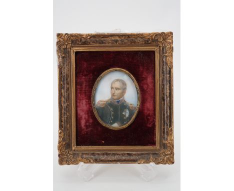 A portrait miniature of Napoleon, presented in a red velvet mount and gilt frame, second quarter 20th Century, 8.5 x 6.5 cm