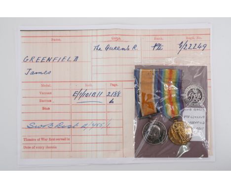 British War and Victory medals with Silver War Badge to G 22249 Pte J Greenfield, Queen's R, SWB B3913