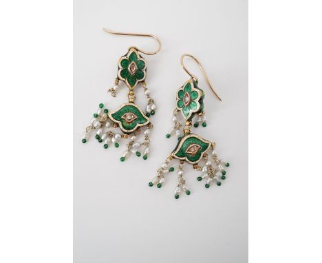 A pair of Indian diamond, seed pearl, champleve and bass taille enamelled yellow-metal ear pendants, of tiered design, one fa