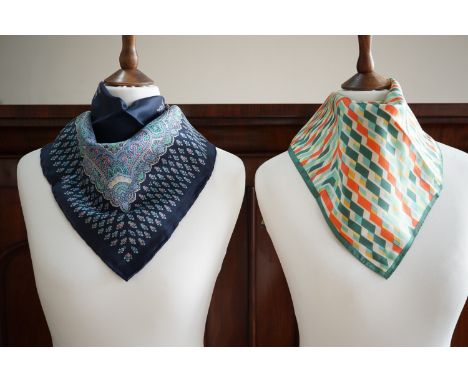 Two vintage Liberty of London silk scarves, one of blue paisley, the other in a geometric design, 70 x 70 cm and 58 x 58 cm r