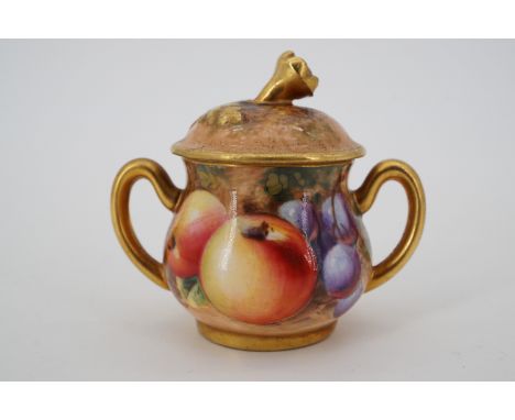 A Royal Worcester hand-painted fruit study miniature porringer and cover, 5.5 cm