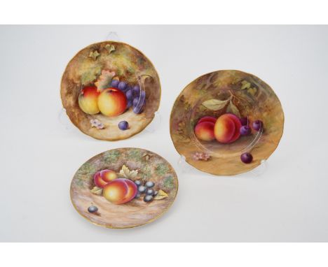 Three Royal Worcester hand-painted fruit study small plates, largest 16.5 cm