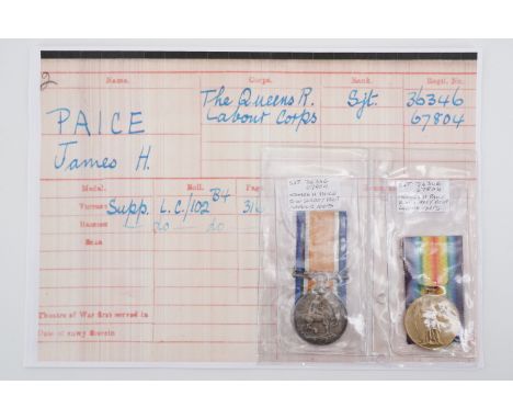 British War and Victory Medals to 36346 Sjt J H Paice, The Queen's R