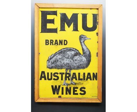 A vintage "Emu Brand Australian Wines" enamelled metal advertising sign, framed, 73 x 47 cm