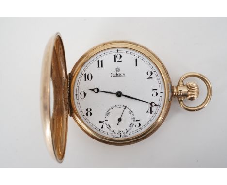 A 1920s Roidor 9ct gold half-hunter pocket watch, having 17-jewel crown-wound movement and enamel face with blued steel Bregu